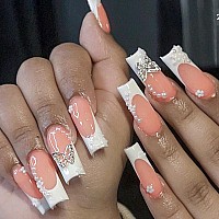 Long Press On Nails Square French Tip Fake Nails Nude Pink Acrylic Nails White Nails Tips Coffin Shaped False Nails With Butterf