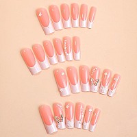 Long Press On Nails Square French Tip Fake Nails Nude Pink Acrylic Nails White Nails Tips Coffin Shaped False Nails With Butterf