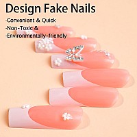 Long Press On Nails Square French Tip Fake Nails Nude Pink Acrylic Nails White Nails Tips Coffin Shaped False Nails With Butterf