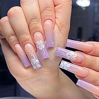 Foccna Long Press On Nails Pink Square French Fake Nails Summer Nails Purple Full Cover Bling Acrylic False Rhinestone Nails 3D