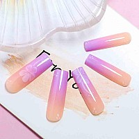 Foccna Long Press On Nails Pink Square French Fake Nails Summer Nails Purple Full Cover Bling Acrylic False Rhinestone Nails 3D