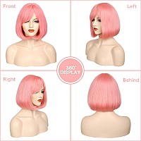 Morica Pink Bob Wigs For Women Short Bob Wig With Bangs 14 Inch Straight Wigs Soft Synthetic Full Wigs For Daily Party