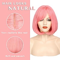 Morica Pink Bob Wigs For Women Short Bob Wig With Bangs 14 Inch Straight Wigs Soft Synthetic Full Wigs For Daily Party