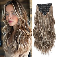 Clip In Hair Extensions For Women 20 Inch Long Wavy Brown Extensions 6Pcs Chocolate Brown Ash Blonde Hairpieces That Blend