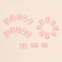 24Pcs Short Press On Nails Square Cute Fake Nails False Nails Full Cover Nails Press Ons Flowers Nail Tips Art Kit French Acryli