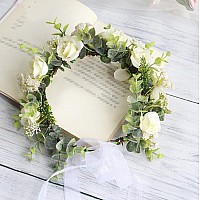 Vivivalue Women Floral Crown Bridal Flower Headband Hair Wreath Floral Headpiece Halo Boho With Ribbon Wedding Party Festival Ph