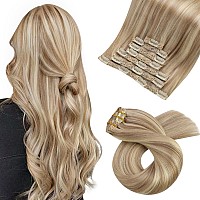 Moresoo Blonde Clip In Hair Extensions Real Human Hair 24 Inch Double Weft Human Hair Clip In Extensions Dark Ash Blonde With Go