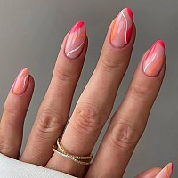 Imsohot French Tip Press On Nails Medium Almond Summer Fake Nails Glossy Acrylic False Nails With Designs Full Cover Gel Hot Pin