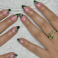 Imsohot Almond Press On Nails Medium Length Fake Nails Glue On Nails Glitter French Acrylic False Nails With Designs Green Stile