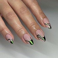 Imsohot Almond Press On Nails Medium Length Fake Nails Glue On Nails Glitter French Acrylic False Nails With Designs Green Stile