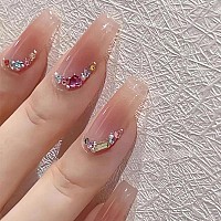 Mervf Coffin Press On Nails Long Fake Nails Pink Ballerina Glue On Nails Press Ons With Rhinestones Design Glossy 24Pcs Artifici