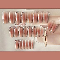 Mervf Coffin Press On Nails Long Fake Nails Pink Ballerina Glue On Nails Press Ons With Rhinestones Design Glossy 24Pcs Artifici