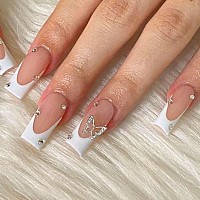 Babalal Square Press On Nails Medium Fake Nails White French Tip Acrylic Nails 3D Butterfly Rhinestone False Nails 24Pcs Balleri