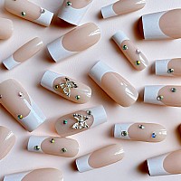 Babalal Square Press On Nails Medium Fake Nails White French Tip Acrylic Nails 3D Butterfly Rhinestone False Nails 24Pcs Balleri