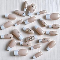 Babalal Square Press On Nails Medium Fake Nails White French Tip Acrylic Nails 3D Butterfly Rhinestone False Nails 24Pcs Balleri