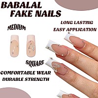 Babalal Square Press On Nails Medium Fake Nails White French Tip Acrylic Nails 3D Butterfly Rhinestone False Nails 24Pcs Balleri