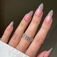 Babalal Almond Press On Nails Medium Fake Nails Pink Glue On Nails Glitter Shiny Acrylic Nails Glossy Stiletto Stick On Nails Fo