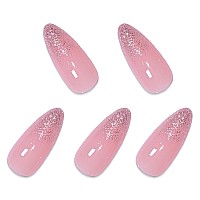 Babalal Almond Press On Nails Medium Fake Nails Pink Glue On Nails Glitter Shiny Acrylic Nails Glossy Stiletto Stick On Nails Fo