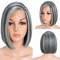 Dbut Ombre Highlight Gray Short Bob Wigs Side Part Lace Front Wig Chin Length Bob Left Side Part With Ear To Ear Lace Front Gr