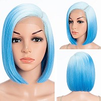 D But Short Bob Wigs Light Blue To Sky Blue Side Part With Ear To Ear Lace Front Wig Ombre Blue Lace Bob Wig For Women Heat Res