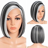 D But Lace Front Bob Wigs Ombre Highlight Silver Gray Side Part With Handtied Lace Front Natural Hairline Short Bob Highlight