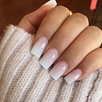 Kqueenest Ombre Pink Press On Nails Short Medium Square Glue On Nails White And Pink French Manicure Fake Nails Short Coffin Acr