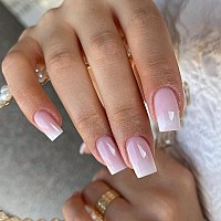 Kqueenest Ombre Pink Press On Nails Short Medium Square Glue On Nails White And Pink French Manicure Fake Nails Short Coffin Acr