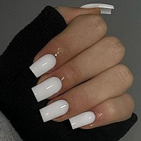 All White Press On Nails Short Medium Square Glue On Nails Set Kqueenest Solid Color Fake Nails Short Coffin Acrylic Nails Press