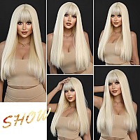 7Jhh Wigs 26Inch Long Straight Wig With Bangs 613 Blonde Wig Heat Resistant Synthetic Wig Make Natural Looking Wigs For Women Pa