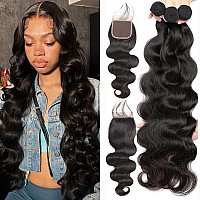 Releek Body Wave Bundles With Closure Brazilian Virgin Ocean Wave Human Hair 3 Bundles With 4X4 Lace Closure With Baby Hair Free