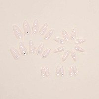 Imsohot Medium Almond Presson Nails 24Pcs Acrylic Full Cover Glossy Nude Rhinestone Aurora Design Glue On Nails Stiletto