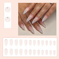 Imsohot Medium Almond Presson Nails 24Pcs Acrylic Full Cover Glossy Nude Rhinestone Aurora Design Glue On Nails Stiletto