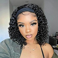 Lauberita Headband Wig Human Hair For Women Short Curly Hair Deep Wave Wig 12 Inch Natural Color