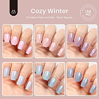 Beetles 6 Colors Pearl Press On Nails 168Pcs Short Square Nails Kits With 10Ml Glue And Nail Stickers Purple Nude Pink Blue Glu