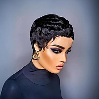 Qiaqiaring Pixie Cut Wig Human Hair For Black Women Short Layered Pixie Cut Wigs Summer Hairstyle 1B Color Short Pixie Cut Wig H