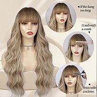 Lativ Dirty Blonde Wig With Bangs Long Wavy Curly Ombre Blonde Wig With Dark Roots Synthetic Heat Resistant Wigs For Women Daily