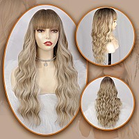 Lativ Dirty Blonde Wig With Bangs Long Wavy Curly Ombre Blonde Wig With Dark Roots Synthetic Heat Resistant Wigs For Women Daily