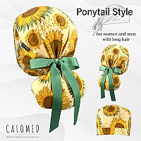 Calomed Scrub Cap For Women And Men Ponytail Scrub Caps Working Hat Head Cover With Ribbon Ties And Buttons Long Hair Sunfl