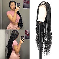 Fecihor 36 Inch 13X8 Hd Lace Front Box Braided Wigs With Boho Curly Ends Knotless Braided Wig For Women Human Hair Blended Braid