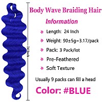 Cookoo 3 Packs Blue Body Wave Braiding Hair 24 Inch Prefeathered Premium Bouncy French Curl Wavy Braiding Hair Wavy Texture Bra