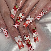 French Tip Coffin Presson Nails With Strawberry Charms And Glue Long Fake Nails Full Cover For Women And Girls 24 Pieces