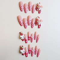 French Tip Coffin Presson Nails With Strawberry Charms And Glue Long Fake Nails Full Cover For Women And Girls 24 Pieces