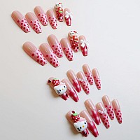 French Tip Coffin Presson Nails With Strawberry Charms And Glue Long Fake Nails Full Cover For Women And Girls 24 Pieces