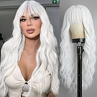 Lativ White Wig With Bangs Long Wavy Wig For Women White Color Wigs Synthetic Curly Wig Natural Looking Heat Resistant Hair For