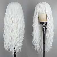 Lativ White Wig With Bangs Long Wavy Wig For Women White Color Wigs Synthetic Curly Wig Natural Looking Heat Resistant Hair For