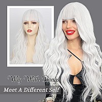 Lativ White Wig With Bangs Long Wavy Wig For Women White Color Wigs Synthetic Curly Wig Natural Looking Heat Resistant Hair For