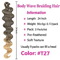 Cookoo 3 Packs Body Wave Braiding Hair 24 Inch Prefeathered Ombre Bouncy French Curl Wavy Braiding Hair Wavy Texture Braids Oce