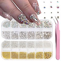 Nail Rhinestones Kit With Tweezers 1440Pcs Ab Color Flat Back Nail Gemstones White Crystal Diamond For Acrylic Nail 3D Gold Sil