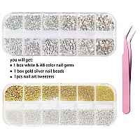 Nail Rhinestones Kit With Tweezers 1440Pcs Ab Color Flat Back Nail Gemstones White Crystal Diamond For Acrylic Nail 3D Gold Sil