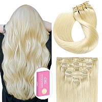 Suyya Clip In Hair Extensions Real Human Hair 16 Inch 120G 7Pcs Platinum Blonde Hair Extensions Real Human Hair Silky Straight H